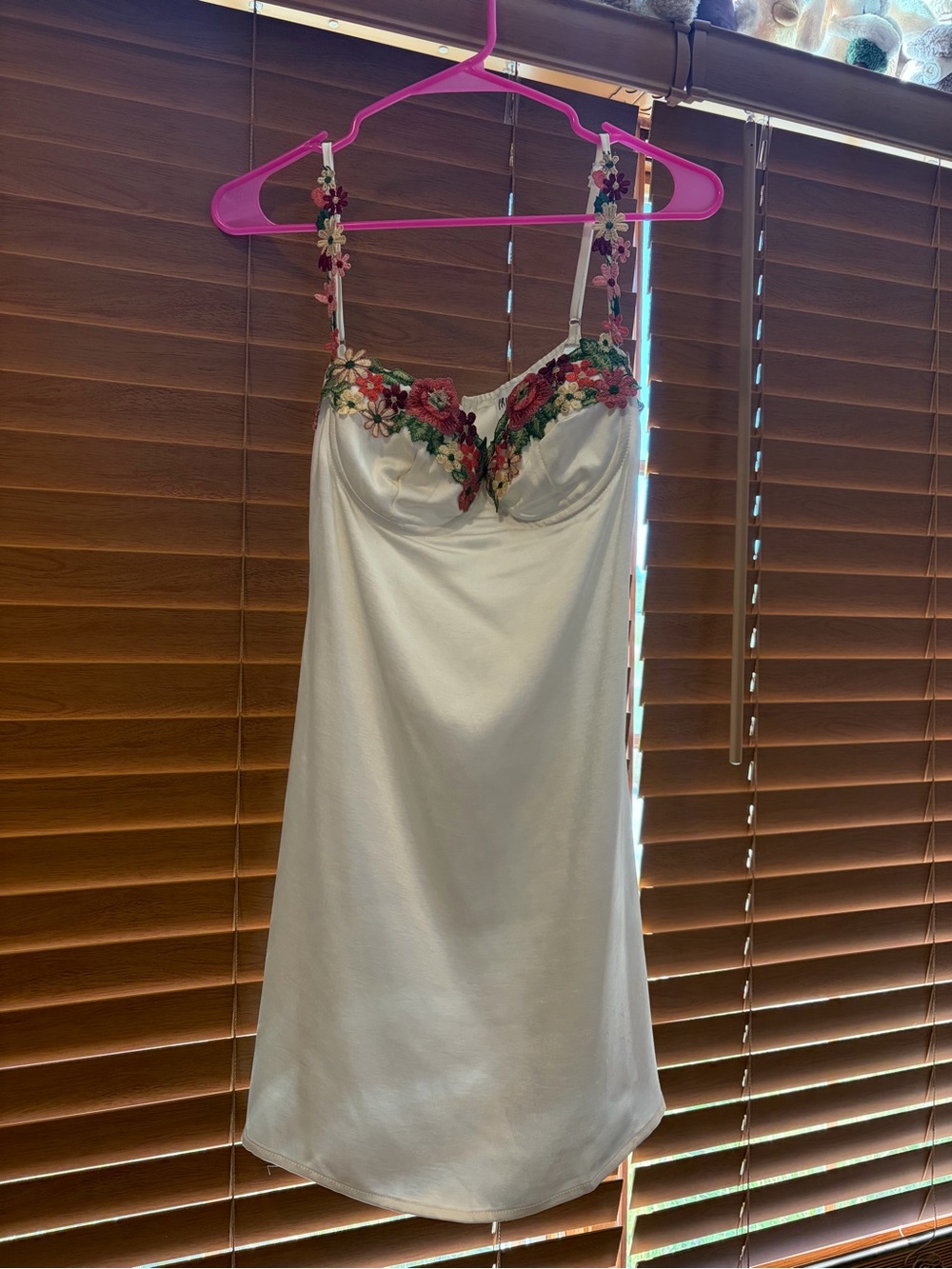 Princess Polly Ivory Satin Slip Dress with Red & Green Floral Applique